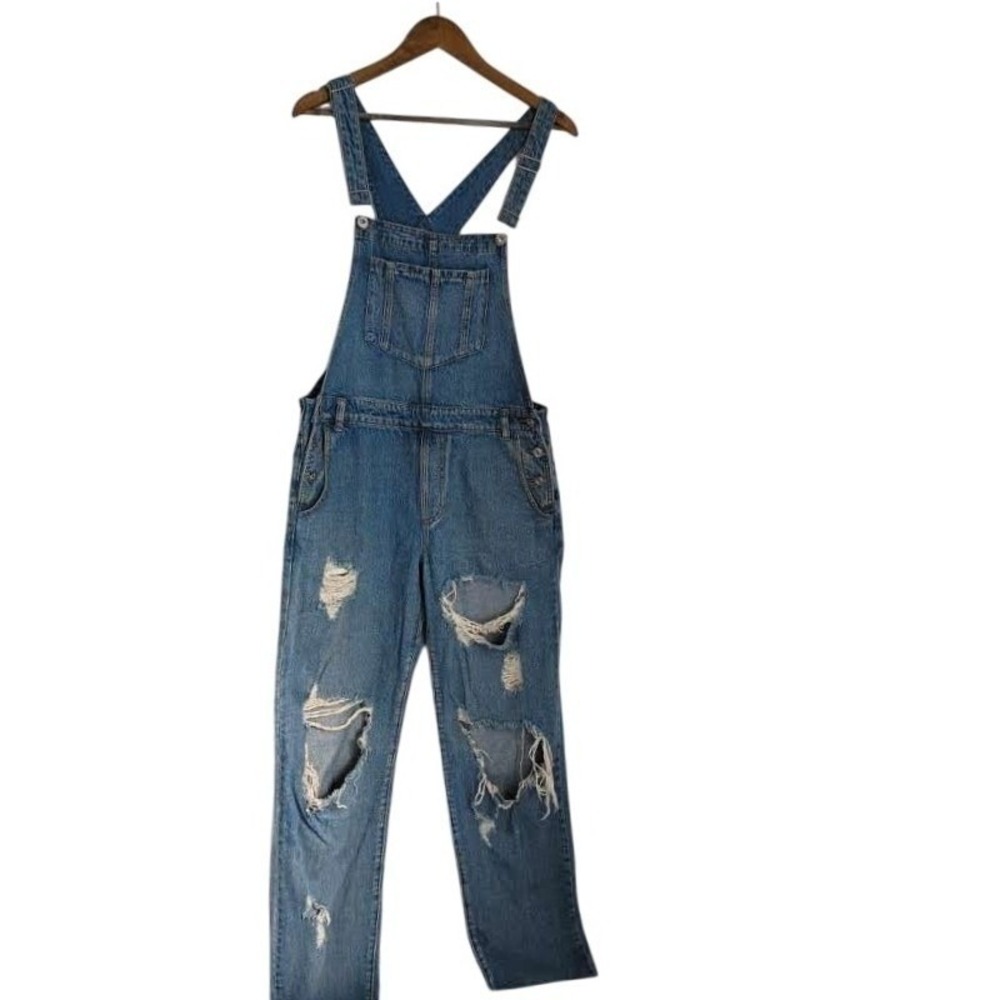 Honey Punch Blue Distressed Denim Overalls L Ripped Straight Leg Y2K Vintage Sty - Picture 2 of 12